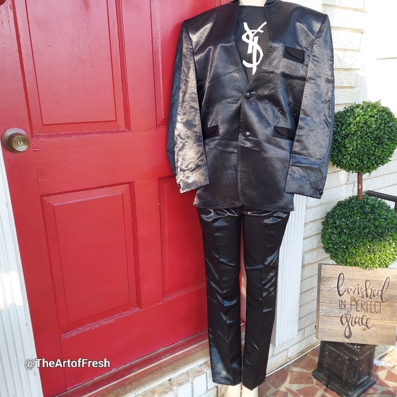 Mens 2pc Modern Fit Suit Shiny Wet  Black (Unisex) - Picture 14 of 14